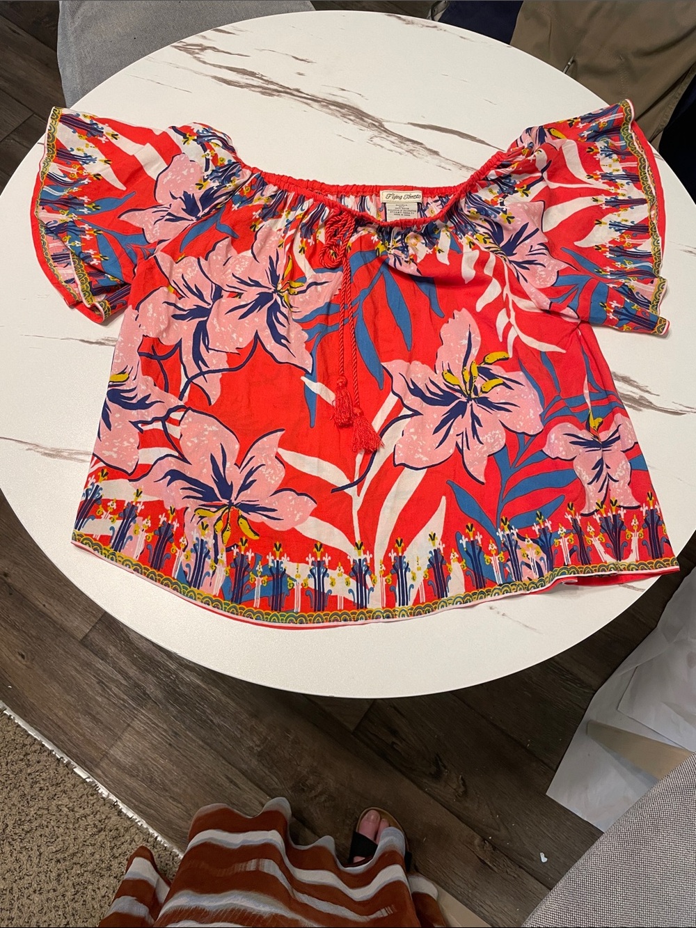 Flying Tomato Coral and Blue Floral Hibiscus Elastic Neck Blouse Sz s